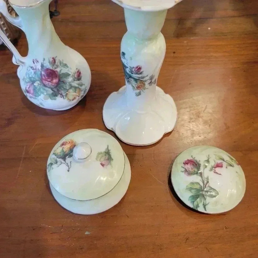 5 Piece Vintage Woman's Decorative Dresser Set floral  ceramic - Picture 7 of 8